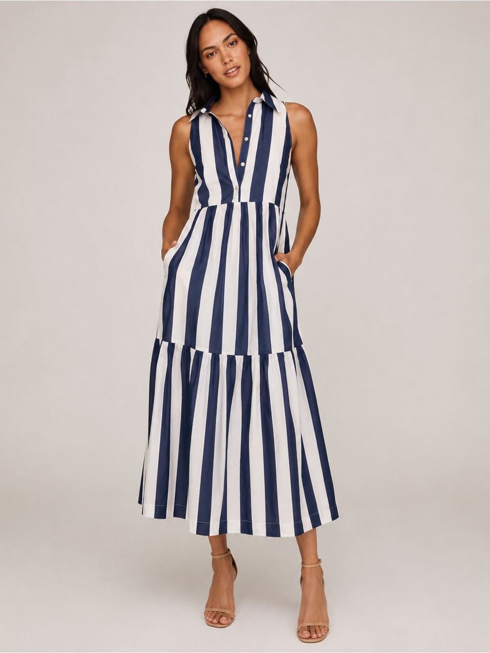Anthropologie Maeve Bettina Blue Stripe Tiered Maxi Dress Size Large L